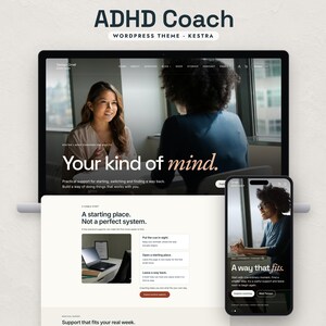 May include: A digital display of the ADHD Coach WordPress theme by Kestra, featuring a laptop screen showing a website with the text Your kind of mind and a mobile phone screen displaying a website with the text A way that fits.