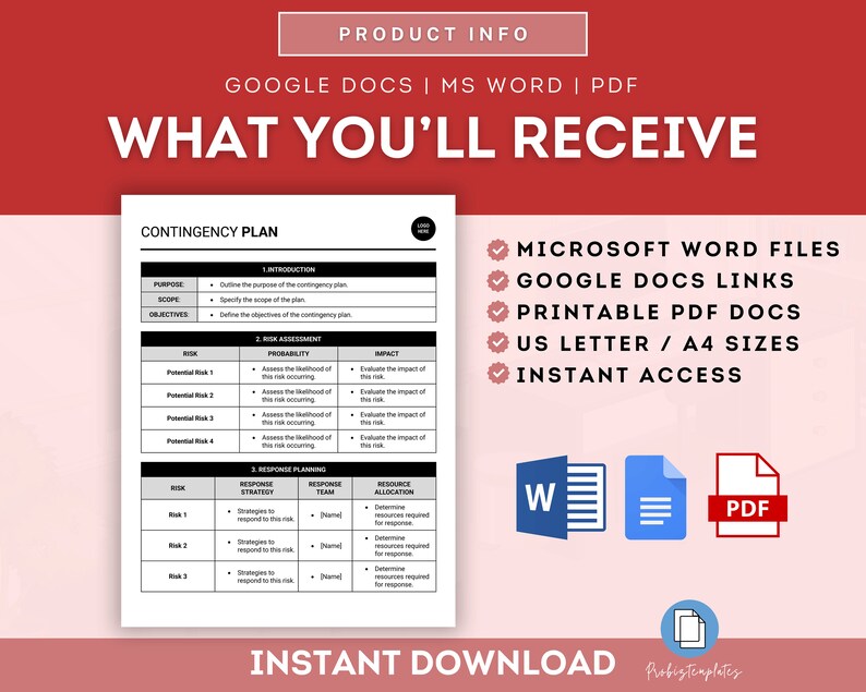 Op de afbeelding: Een afdrukbare contingentieplan-sjabloon in tabelvorm met koppen voor risico, waarschijnlijkheid, impact, responsstrategie, responsteam en resourcetoewijzing. De sjabloon is beschikbaar in de formaten Microsoft Word, Google Docs en PDF. De afbeelding bevat ook de tekst "Direct downloaden".