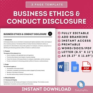 May include: A printable business ethics and conduct disclosure template in a white document with a pink background. The document is fully editable, includes branding, and is available for instant download in Word, PDF, and Letter sizes. The document includes sections for introduction, purpose, scope, and ethical standards.