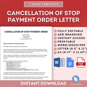 May include: A pink and white printable template for a cancellation of stop payment order letter. The template is fully editable and includes branding, instant access, and printable options. The template is available in Word, Docs, and PDF formats. The template is available in Letter (8.5" x 11") and A4 (8.27" x 11.69") sizes.