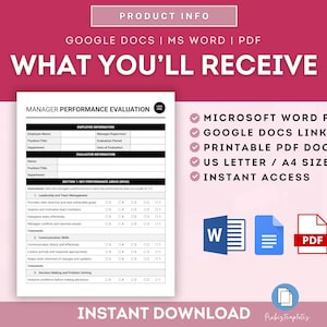 May include: A printable manager performance evaluation template in a pink, white, and black color scheme. The template includes sections for employee information, evaluator information, and key performance areas. The image also shows icons for Microsoft Word, Google Docs, and PDF files, indicating the file formats available for download. The text "INSTANT DOWNLOAD" is also included.