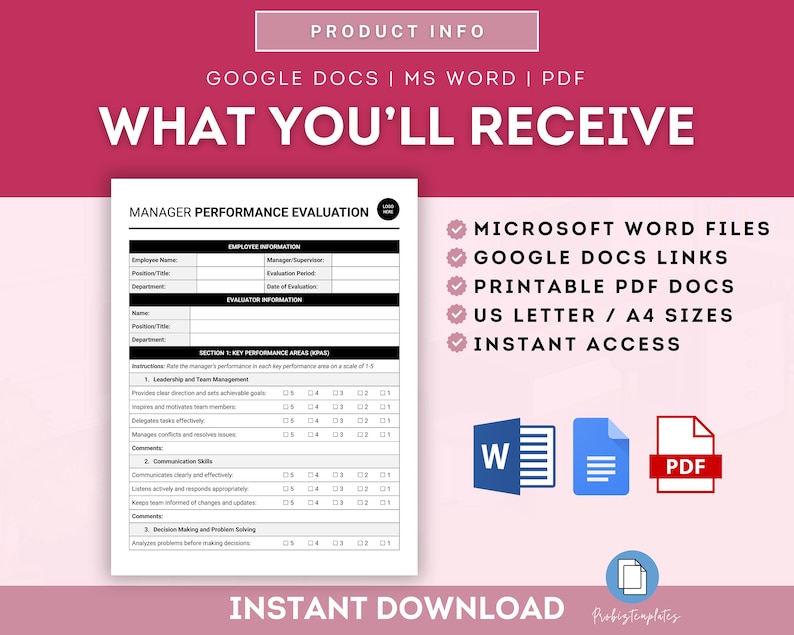May include: A printable manager performance evaluation template in a pink, white, and black color scheme. The template includes sections for employee information, evaluator information, and key performance areas. The image also shows icons for Microsoft Word, Google Docs, and PDF files, indicating the file formats available for download. The text "INSTANT DOWNLOAD" is also included.