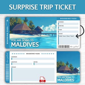 Biglietto regalo a sorpresa per le Maldive stampabile, biglietto d'imbarco per vacanze tropicali modificabile, pass per una fuga alle Maldive stampabile, biglietto regalo per un viaggio sull'isola