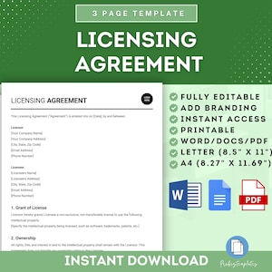 Może przedstawiać: Cyfrowy szablon do pobrania licencji w kolorze zielonym i białym. Szablon jest w pełni edytowalny, nadaje się do druku i jest dostępny w formatach Word, PDF, a także w rozmiarach Letter i A4. Tekst na szablonie brzmi "Licensing Agreement".