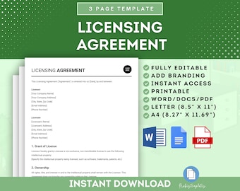 May include: A green and white digital download template for a licensing agreement. The template is fully editable, printable, and available in Word, PDF, and Letter and A4 sizes. The text on the template reads "Licensing Agreement".