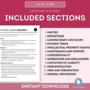 Peut inclure: Un document rose et blanc avec le titre "Contrat de licence de logiciel" et une liste de sections comprenant "Parties", "D&eacute;finitions", "Octroi de licence et port&eacute;e", "Conditions de paiement", "Droits de propri&eacute;t&eacute; intellectuelle", "Maintenance et assistance", "Confidentialit&eacute;", "Garanties et exclusions de responsabilit&eacute;", "Limitation de responsabilit&eacute;", "Indemnisation", "Dur&eacute;e et r&eacute;siliation" et "Dispositions g&eacute;n&eacute;rales".
