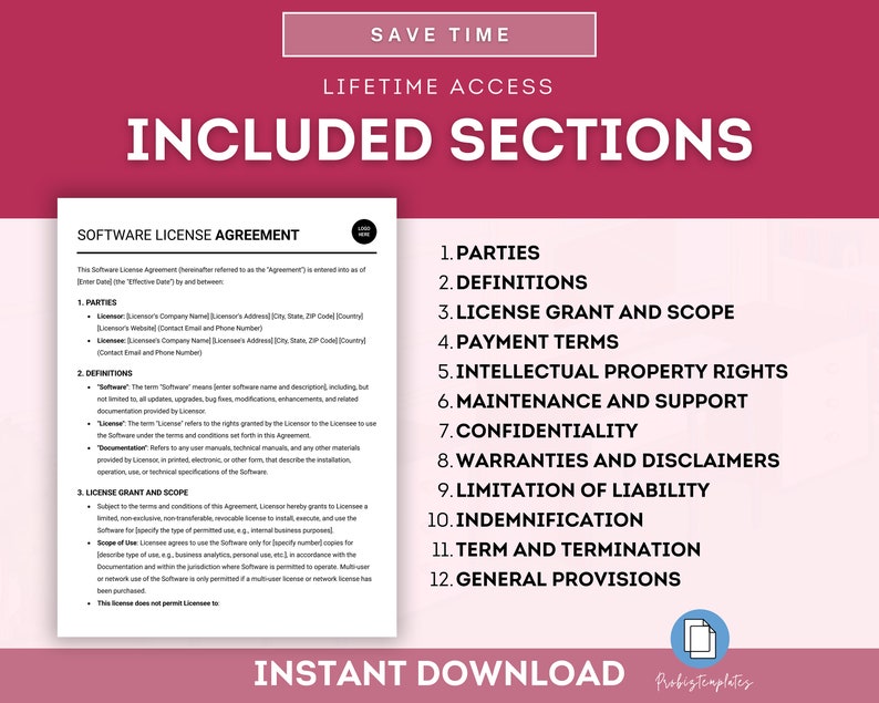 Peut inclure: Un document rose et blanc avec le titre "Contrat de licence de logiciel" et une liste de sections comprenant "Parties", "D&eacute;finitions", "Octroi de licence et port&eacute;e", "Conditions de paiement", "Droits de propri&eacute;t&eacute; intellectuelle", "Maintenance et assistance", "Confidentialit&eacute;", "Garanties et exclusions de responsabilit&eacute;", "Limitation de responsabilit&eacute;", "Indemnisation", "Dur&eacute;e et r&eacute;siliation" et "Dispositions g&eacute;n&eacute;rales".