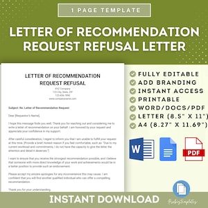 Plantilla de rechazo de solicitud de carta de recomendación, negativa a proporcionar una recomendación, rechazo de solicitud de recomendación, denegación de recomendación