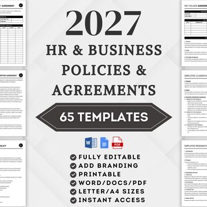 May include: A digital collection of 65 HR and business policy templates for 2027, featuring documents like employee equipment, non-circumvention, key holder, classification, privacy, and resignation agreements, compatible with Word, Docs, and PDF.