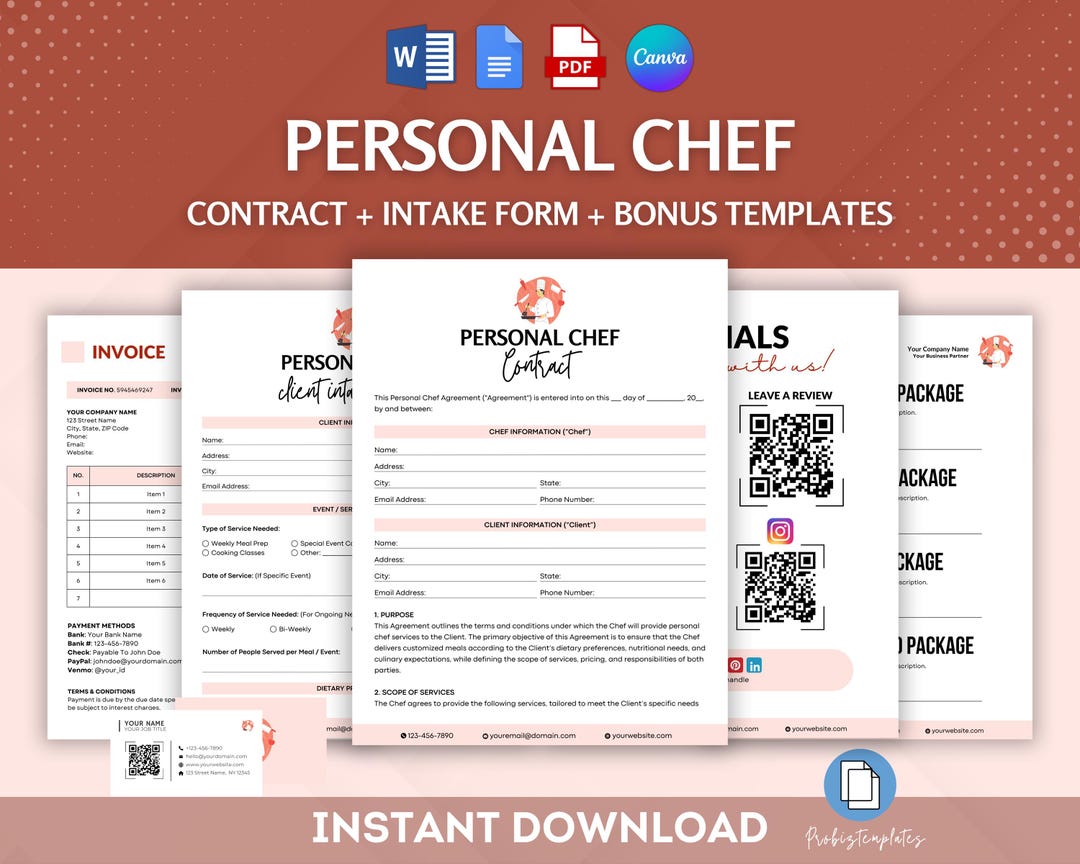 Personal Chef Contract Bundle, Culinary Service Agreement Template ...