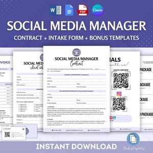 May include: A purple and white digital download for a social media manager contract, intake form, and bonus templates. The text on the image reads "Social Media Manager Contract + Intake Form + Bonus Templates".