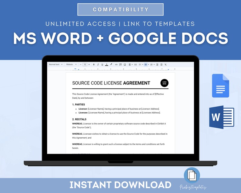 Puede incluir: Una pantalla de computadora port&aacute;til que muestra un documento titulado "Source Code License Agreement". El documento est&aacute; abierto en Google Docs y Microsoft Word. El texto en la pantalla es negro sobre un fondo blanco. La computadora port&aacute;til est&aacute; sobre un fondo azul con el texto "COMPATIBILITY", "UNLIMITED ACCESS | LINK TO TEMPLATES", y "MS WORD + GOOGLE DOCS" en texto blanco. El texto "INSTANT DOWNLOAD" est&aacute; en texto blanco sobre un fondo negro. El texto "Probigtemplates" est&aacute; en texto blanco sobre un fondo negro.