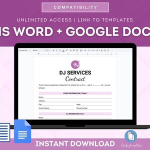 May include: A laptop screen displaying a DJ Services Contract template in a word processing program. The template is compatible with Microsoft Word and Google Docs. The text "INSTANT DOWNLOAD" is displayed below the laptop.
