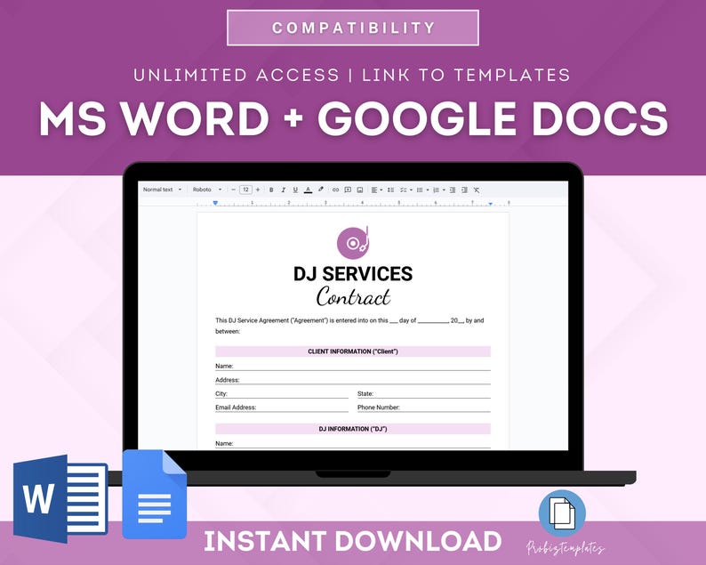 May include: A laptop screen displaying a DJ Services Contract template in a word processing program. The template is compatible with Microsoft Word and Google Docs. The text "INSTANT DOWNLOAD" is displayed below the laptop.
