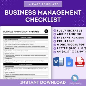 May include: A purple and white checklist template for business management. The checklist includes sections for strategic planning, financial management, and more. The template is fully editable, printable, and available in Word, PDF, and Letter sizes.