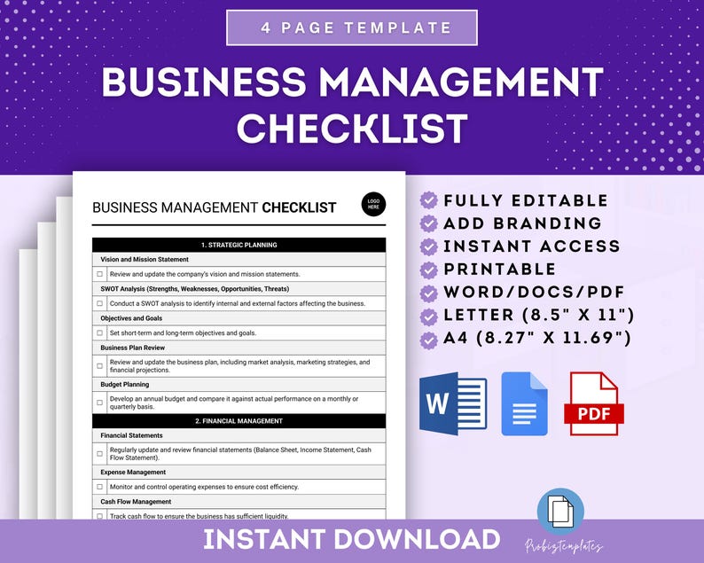 Business Management Checklist Template, Company Management Checklist ...