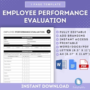 May include: A printable employee performance evaluation template in a light purple and white color scheme. The template includes sections for employee information, performance attributes, and comments. The text "FULLY EDITABLE", "ADD BRANDING", "INSTANT ACCESS", "PRINTABLE", "WORD/DOCS/PDF", "LETTER (8.5" X 11")", and "A4 (8.27" X 11.69")" is displayed in green checkmarks. The text "INSTANT DOWNLOAD" is displayed in black at the bottom of the template.