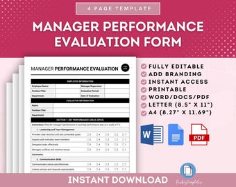 May include: A printable manager performance evaluation form template in black and white. The form includes sections for employee information, evaluator information, and key performance areas. The template is fully editable and available in Word, PDF, and Letter size.