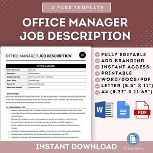 May include: A printable job description template for an Office Manager position. The template is fully editable and includes sections for role type, department, employment type, salary range, reports to, application deadline, job overview, and key responsibilities. The template is available in Word, PDF, and Letter size.