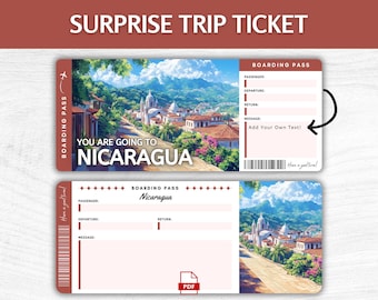 Boleto de regalo sorpresa imprimible para Nicaragua, pase de abordar editable para vacaciones en Centroamérica, pase imprimible para aventuras tropicales, viaje al Caribe