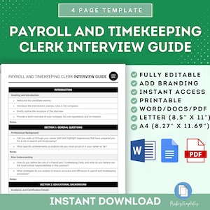 May include: A green and white printable interview guide for a payroll and timekeeping clerk. The guide includes sections for greeting and introduction, general questions, educational background, and academic and certification details. The guide is fully editable, includes branding, and is available for instant download in Word, PDF, Letter, and A4 sizes.
