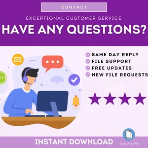May include: Illustration of a customer service representative wearing a headset and sitting at a computer. The text "CONTACT" and "EXCEPTIONAL CUSTOMER SERVICE" is displayed above the illustration. The text "HAVE ANY QUESTIONS?" is displayed in large letters below the illustration. A list of customer service features is displayed below the text, including "SAME DAY REPLY", "FILE SUPPORT", "FREE UPDATES", and "NEW FILE REQUESTS". Five purple stars are displayed below the list of features. The text "INSTANT DOWNLOAD" is displayed below the stars. The text "Robigtemplates" is displayed below the text "INSTANT DOWNLOAD".