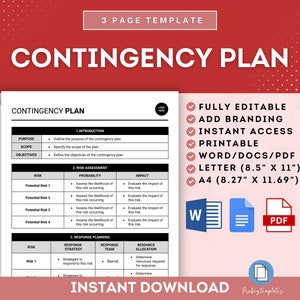 Peut inclure: Un modèle de plan d'urgence imprimable dans un schéma de couleurs blanc, noir et rouge. Le modèle est entièrement modifiable et comprend des sections pour l'objectif, la portée, les objectifs, l'évaluation des risques et la planification des interventions. Le modèle est disponible en formats Word, PDF et Lettre.