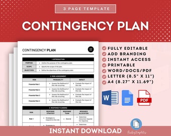May include: A printable contingency plan template in a white, black, and red color scheme. The template is fully editable and includes sections for purpose, scope, objectives, risk assessment, and response planning. The template is available in Word, PDF, and Letter sizes.