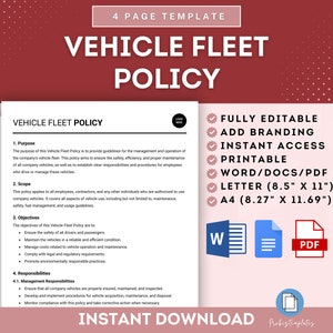 May include: A pink and white template for a vehicle fleet policy. The template is fully editable, printable, and includes branding options. The template is available in Word, PDF, Letter (8.5 x 11 inches), and A4 (8.27 x 11.69 inches) sizes.