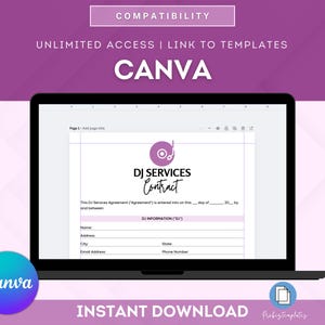 May include: A laptop screen displaying a DJ Services Contract template in Canva. The template has a purple and white color scheme and includes a DJ icon. The text on the screen reads "DJ Services Contract" and "This DJ Services Agreement (Agreement) is entered into on this ___ day of ____, 20___ by and between."