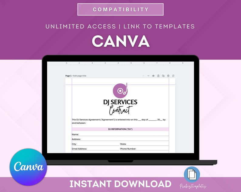 May include: A laptop screen displaying a DJ Services Contract template in Canva. The template has a purple and white color scheme and includes a DJ icon. The text on the screen reads "DJ Services Contract" and "This DJ Services Agreement (Agreement) is entered into on this ___ day of ____, 20___ by and between."