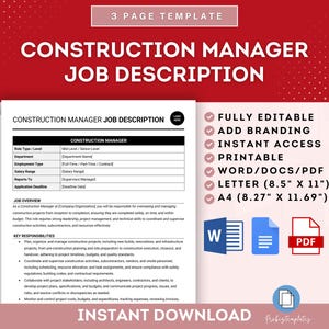 May include: A printable construction manager job description template in Word, PDF, and Letter formats. The template is fully editable and includes sections for job overview, key responsibilities, and qualifications. The template is available for instant download.