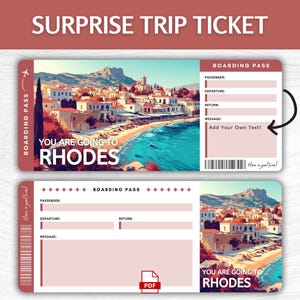 Billet cadeau surprise Rhodes imprimable, carte d'embarquement pour les vacances en Grèce modifiable, pass escapade imprimable à Rhodes, billet cadeau voyage en Grèce
