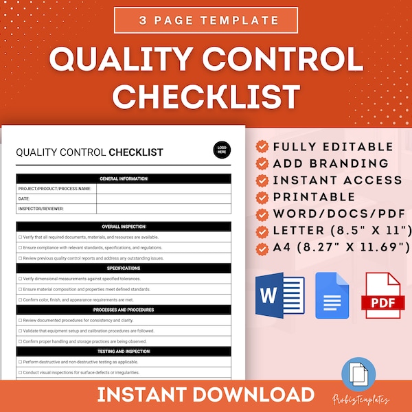 Quality Control Checklist Template, Quality Assurance Checklist Form, Inspection Checklist, Product Quality Checklist, Quality Audit