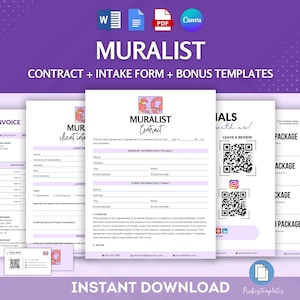 May include: A digital download of printable templates for a muralist business. The templates include a contract, client intake form, invoice, and package options. The templates are designed with a pink and purple color scheme and feature a cartoon muralist character.