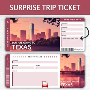 Billet cadeau surprise Texas imprimable, carte d'embarquement pour les vacances à Dallas, pass escapade imprimable au Texas, billet cadeau voyage aux États-Unis modifiable