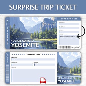 Billet cadeau surprise Yosemite imprimable, carte d'embarquement pour les vacances aux États-Unis modifiable, pass escapade Yosemite imprimable, cadeau voyage dans le parc national