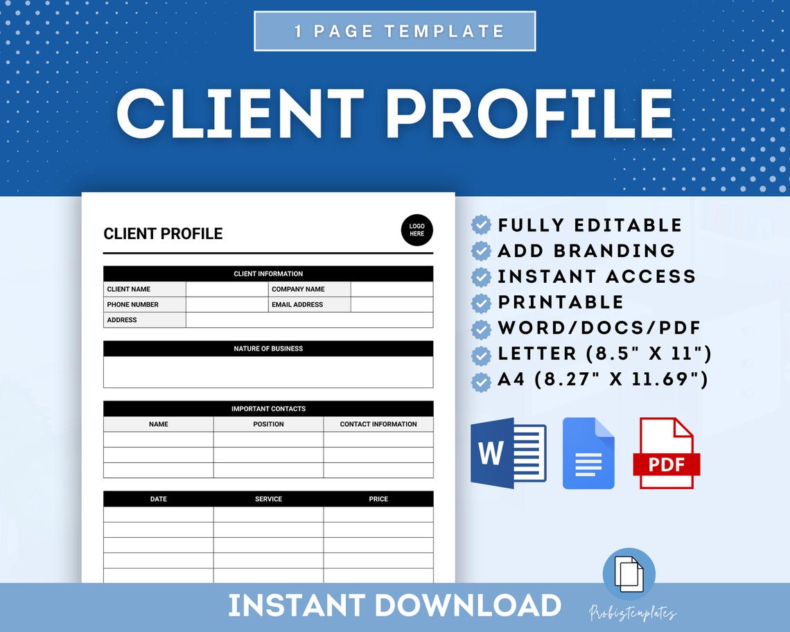 Client Profile Template, Customizable Customer Information Card Form