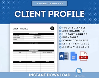 Client Profile Template, Customizable Customer Information Card Form, Organized Client Data Template For Small Businesses & Freelancers