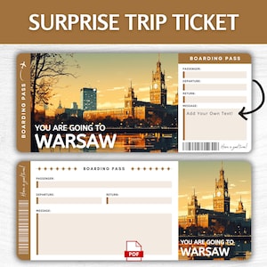 以下が含まれることがあります： ワルシャワ、ポーランドの写真が印刷された、印刷可能な搭乗券。チケットには「You are going to Warsaw」というテキストが印刷されています。チケットには、乗客の名前、出発日と帰りの日付、メッセージを入れるスペースがあります。
