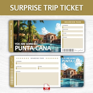 Op de afbeelding: Een printbare instapkaart met een tropisch strandbeeld en de tekst "You are going to Punta Cana".