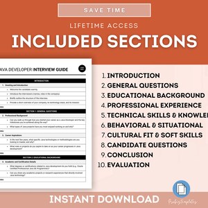 May include: A guide for Java developers preparing for job interviews. The guide includes sections on introduction, general questions, educational background, professional experience, technical skills and knowledge, behavioral and situational questions, cultural fit and soft skills, candidate questions, conclusion, and evaluation.