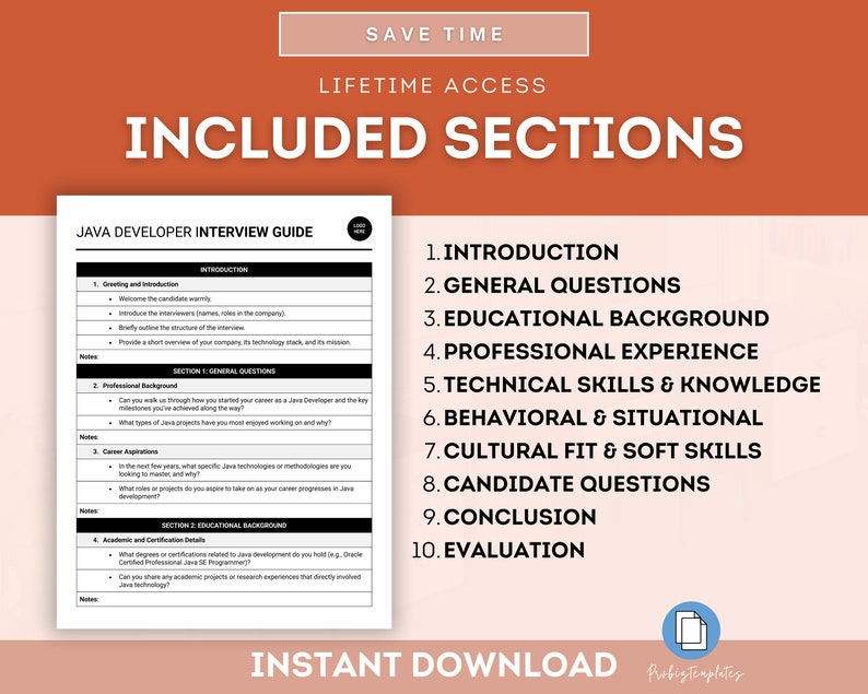 May include: A guide for Java developers preparing for job interviews. The guide includes sections on introduction, general questions, educational background, professional experience, technical skills and knowledge, behavioral and situational questions, cultural fit and soft skills, candidate questions, conclusion, and evaluation.