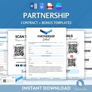 Op de afbeelding: Een blauwe en witte digitale downloadtemplate voor een partnerschapscontract. De sjabloon bevat een scanbare QR-code voor betalingen, een sectie voor testimonials en een sectie voor pakketprijzen. De tekst "Partnerschapscontract + Bonustemplates" staat bovenaan de pagina.