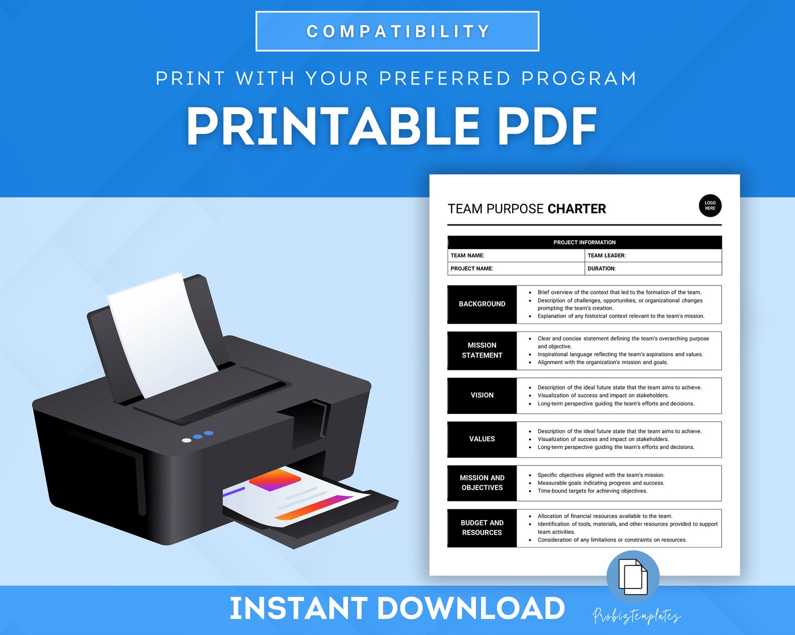 Team Purpose Charter Template, Project Charter, Template, Team Mission ...