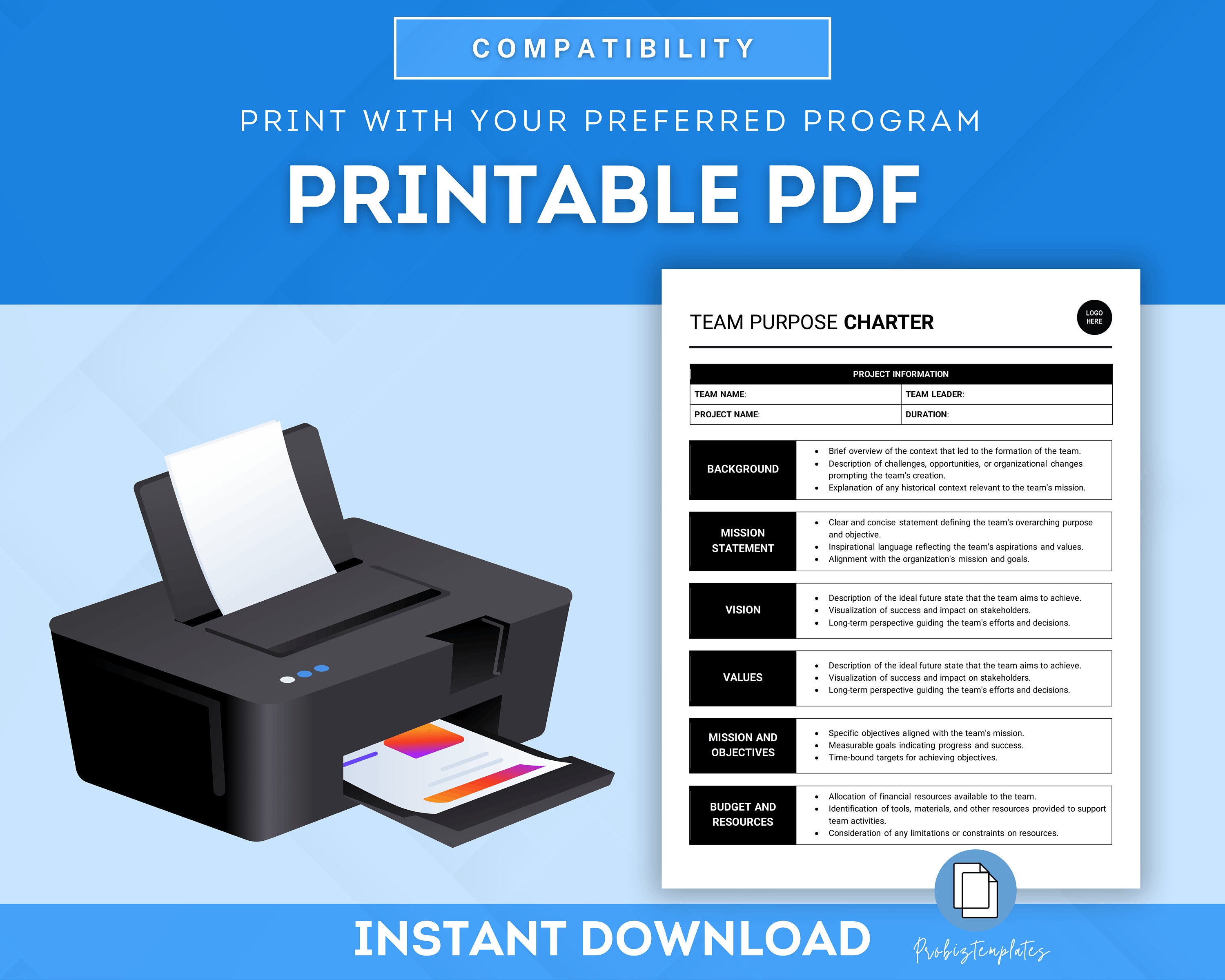Team Purpose Charter Template, Project Charter, Template, Team Mission ...