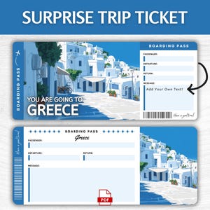 Billet cadeau surprise à imprimer pour la Grèce, carte d'embarquement pour les vacances à Athènes modifiable, pass pour les îles grecques à imprimer, billet de voyage en Méditerranée