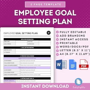 May include: A printable employee goal setting plan template in a pink and white color scheme. The template includes sections for employee information, goal setting meeting, previous goals review, and setting smart goals. The template is available in Word, PDF, and Letter size.