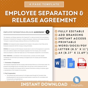 May include: A printable employee separation and release agreement template in Word, PDF, and Letter formats. The document is fully editable and includes branding options. The template is available for instant download.