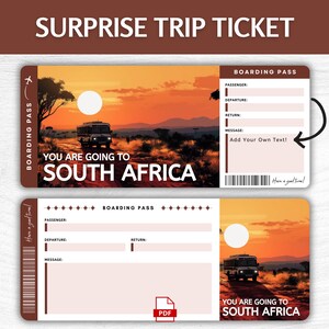 以下が含まれることがあります： 「You are going to South Africa」というテキストと夕焼けの風景が描かれた印刷可能な搭乗券。チケットには、乗客、出発、帰国、メッセージの欄があります。メッセージ欄には「Add Your Own Text!」というテキストがあります。